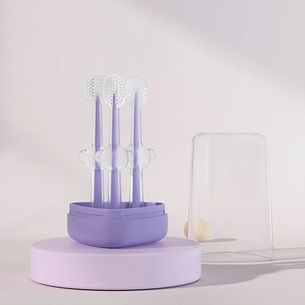 Silica gel pet toothbrush for cats and dogs in blue, green and purple colours