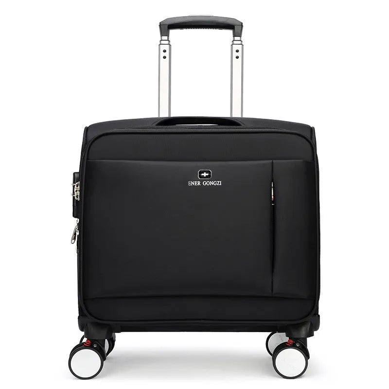 18-inch black business luggage with Oxford cloth construction and universal wheels