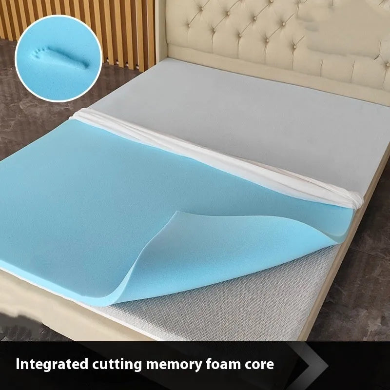 Thin gel memory cotton tatami mattress showing regenerated cellulose fabric surface and artificial latex core.