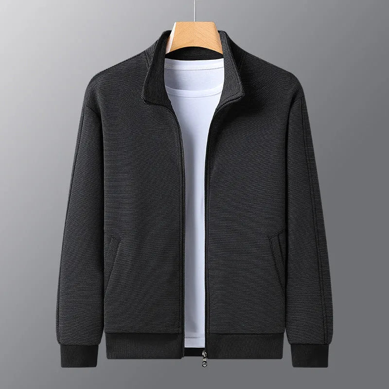 Men's black casual jacket with a stand-up collar and front zip in an athletic fit