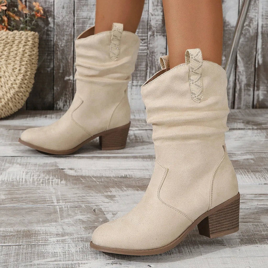 Women's mid-heel suede calf boots in milky white and lotus root colour on a rubber sole.