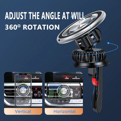 Silver and black magnetic car phone holder mounted on a vehicle air vent