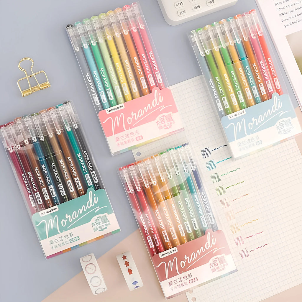 Set of nine retro-style Japanese gel pens with needle tips, shown in a choice of four colour series.