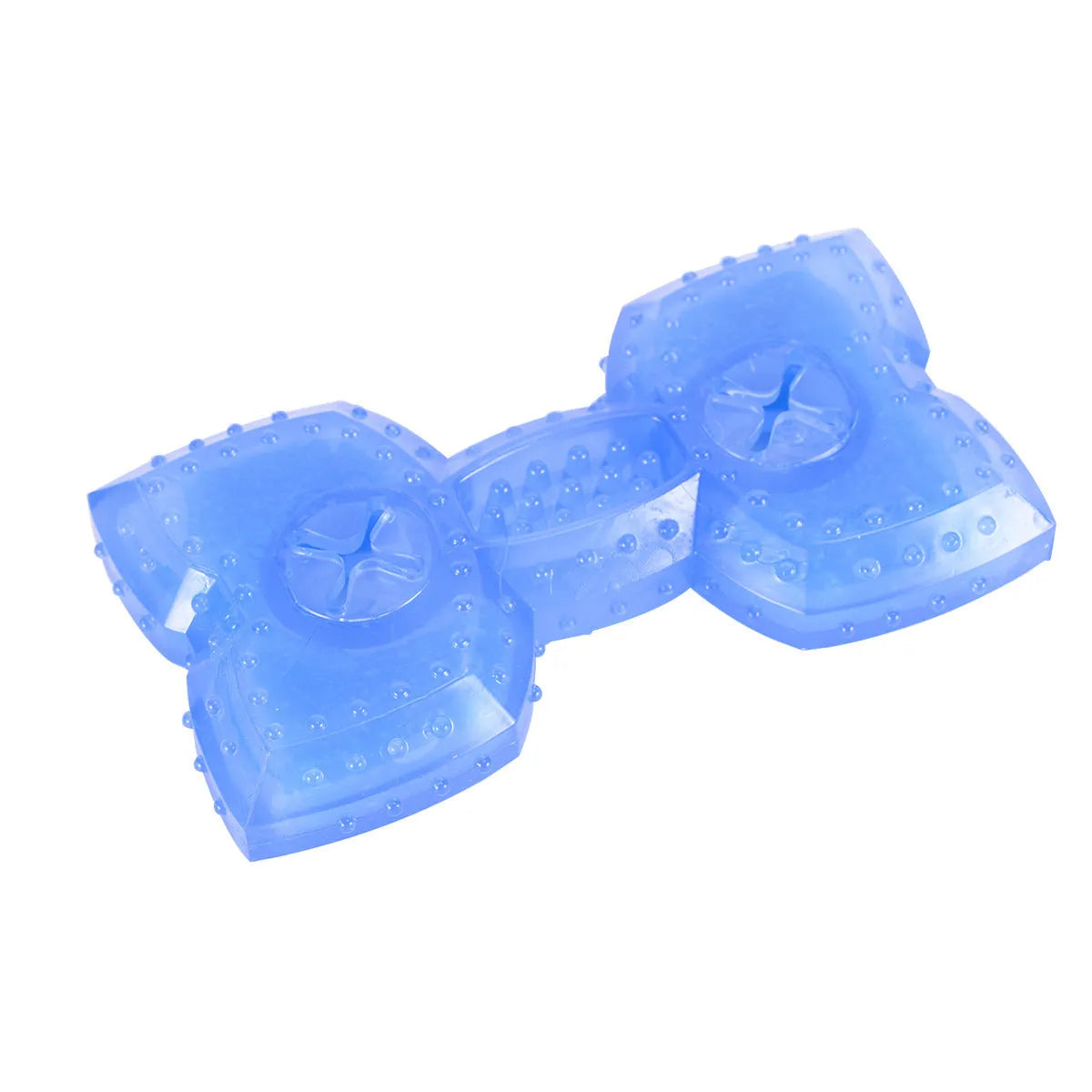 Freezable water-filled dog cooling chew toy in bones and circles designs with treat compartment.