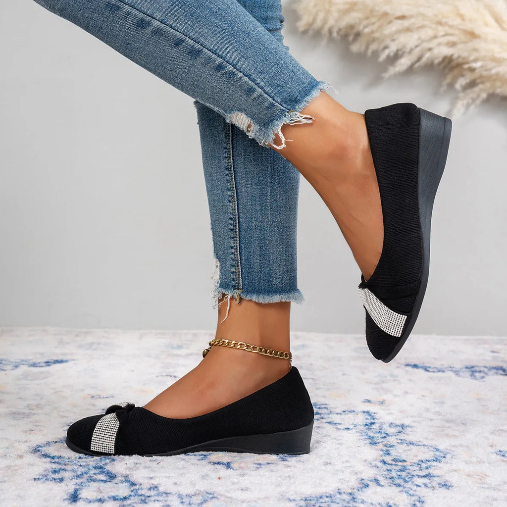 Black women's casual slip-on shoes with rhinestone decoration on fabric upper and chunky heels