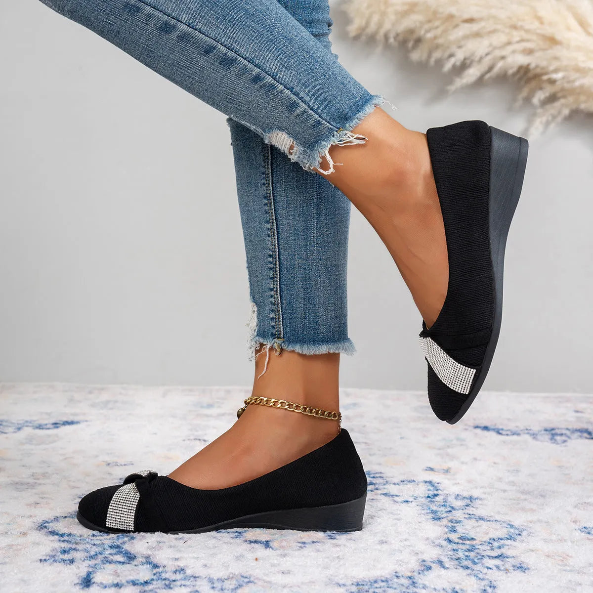 Black women's casual slip-on shoes with rhinestone decoration on fabric upper and chunky heels