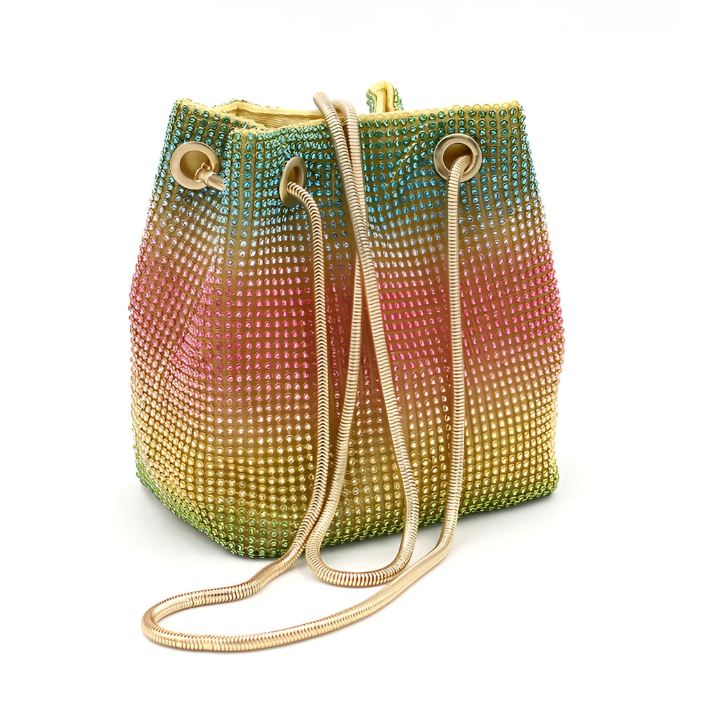 Rainbow coloured rhinestone sparkling soft fabric bucket bag with crossbody strap