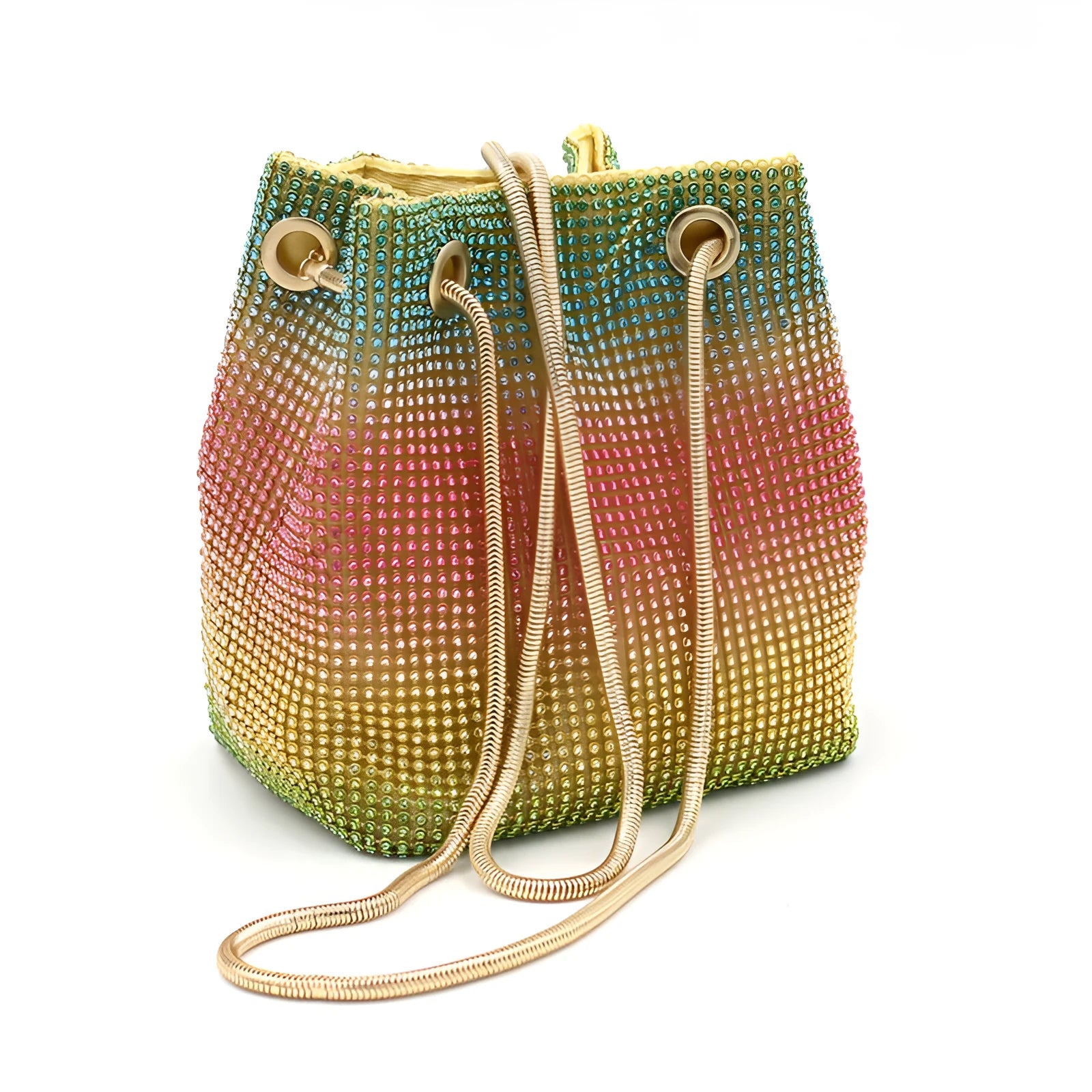 Rainbow coloured rhinestone sparkling soft fabric bucket bag with crossbody strap