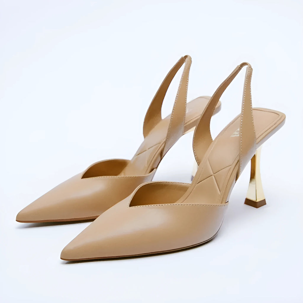 Korean style pointed high heels in patent leather with shallow mouth design in apricot colour