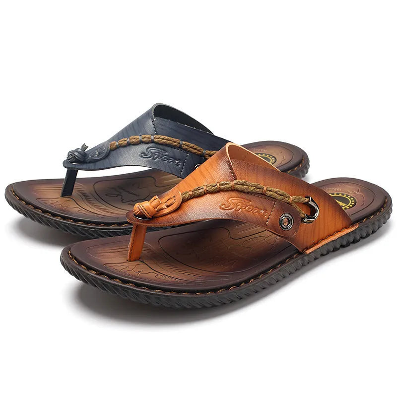 Men's dark blue herringbone pattern outdoor slippers with rubber sole and leather lining.