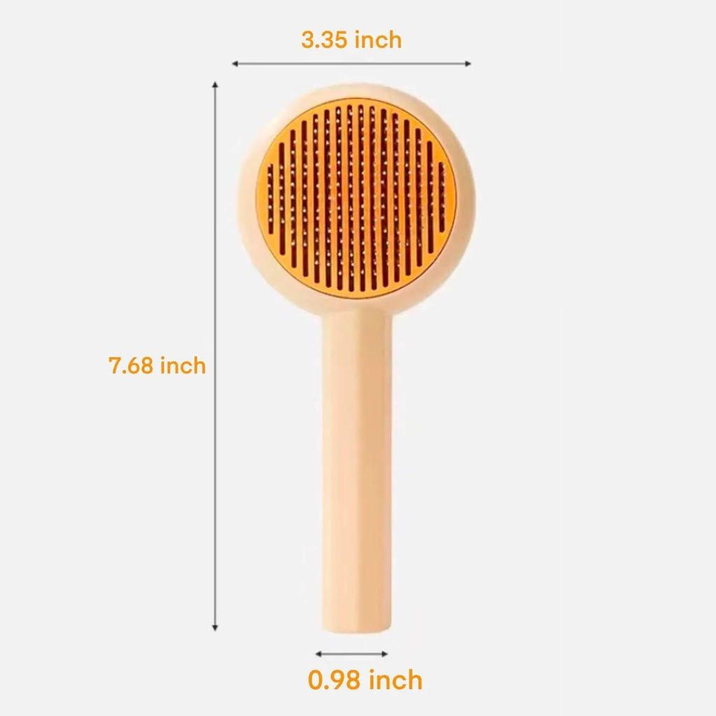 Blue pet grooming brush with metal angled needles and a self-cleaning button on the plastic handle.