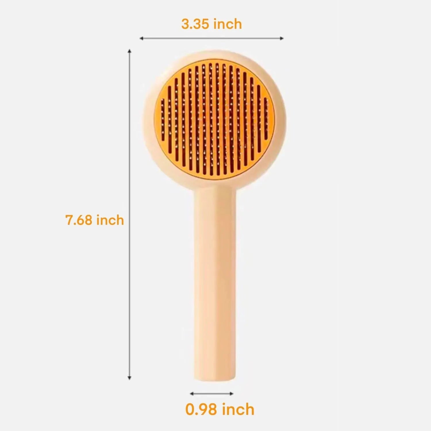Blue pet grooming brush with metal angled needles and a self-cleaning button on the plastic handle.