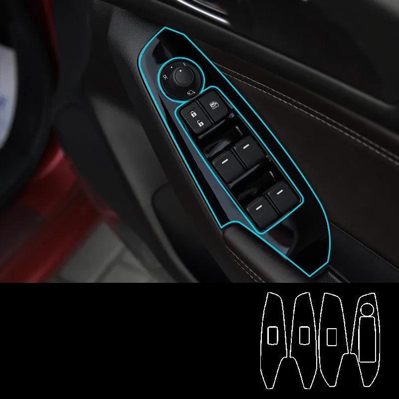 TPU protective film set for Ford Mustang door control panel switches in transparent, carbon fibre and matte black finishes