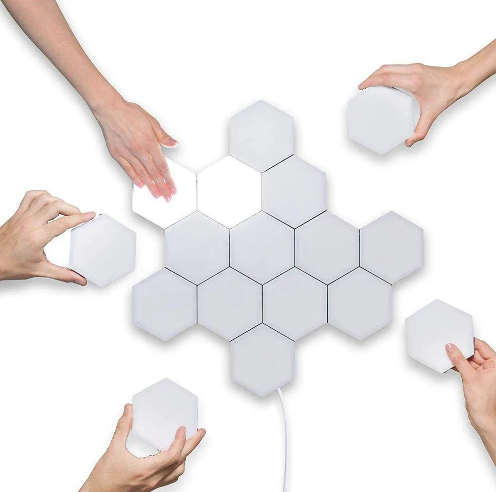Hexagonal honeycomb wall lamp modules arranged in pattern with touch control and LED lighting
