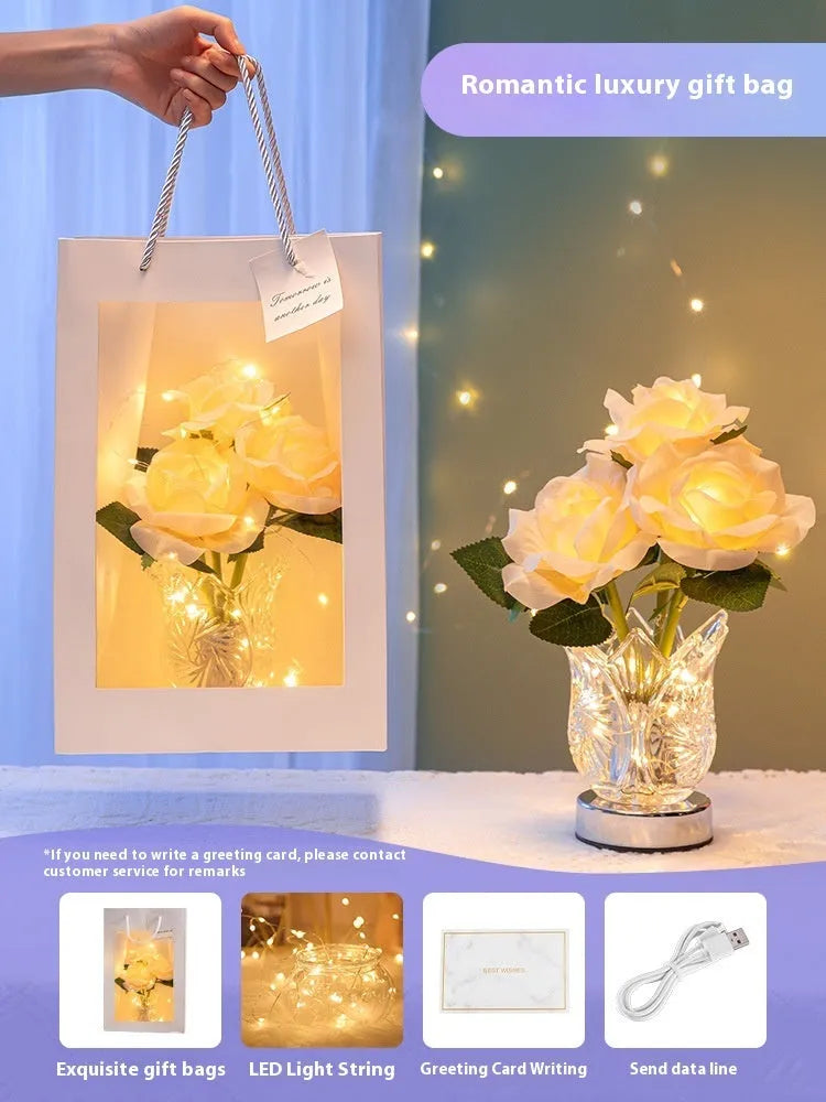 Crystal flowers design USB rechargeable table lamp with touch dimming control on wooden surface