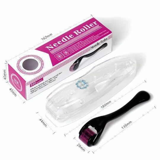 Close-up of a black derma roller showing its wheel of titanium microneedles.
