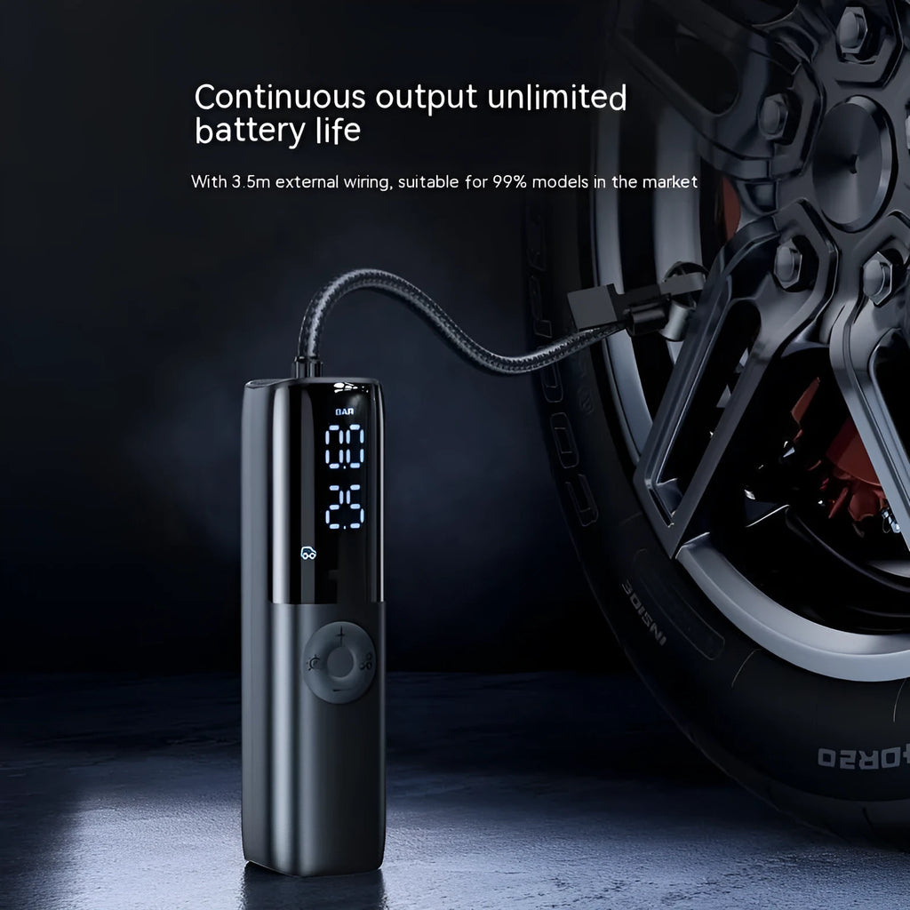 Black portable electric vehicle air pump with integrated pressure gauge and ABS construction