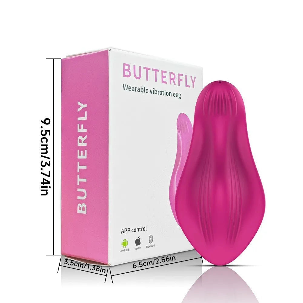 Rose Red female massager with cute butterfly shape featuring wireless APP control and USB charging port