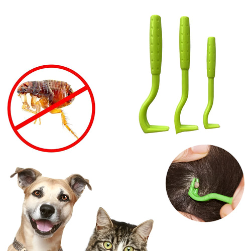 Three plastic tick removal hook tools for pet grooming in blue and green colours