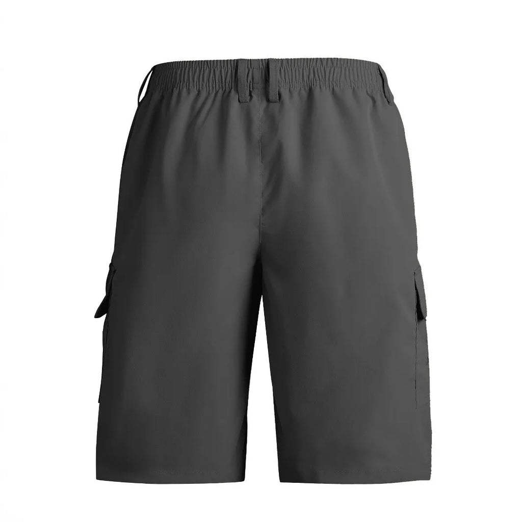 Man wearing loose straight-leg khaki casual sports shorts made from polyester