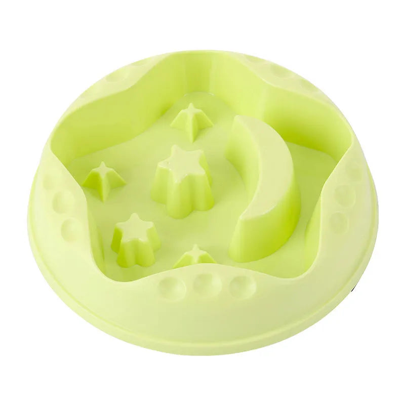 Moon Star Wings ceramic dog slow feeder bowl with raised centre ring and non-slip base in blue, grey, green, pink, or yellow.