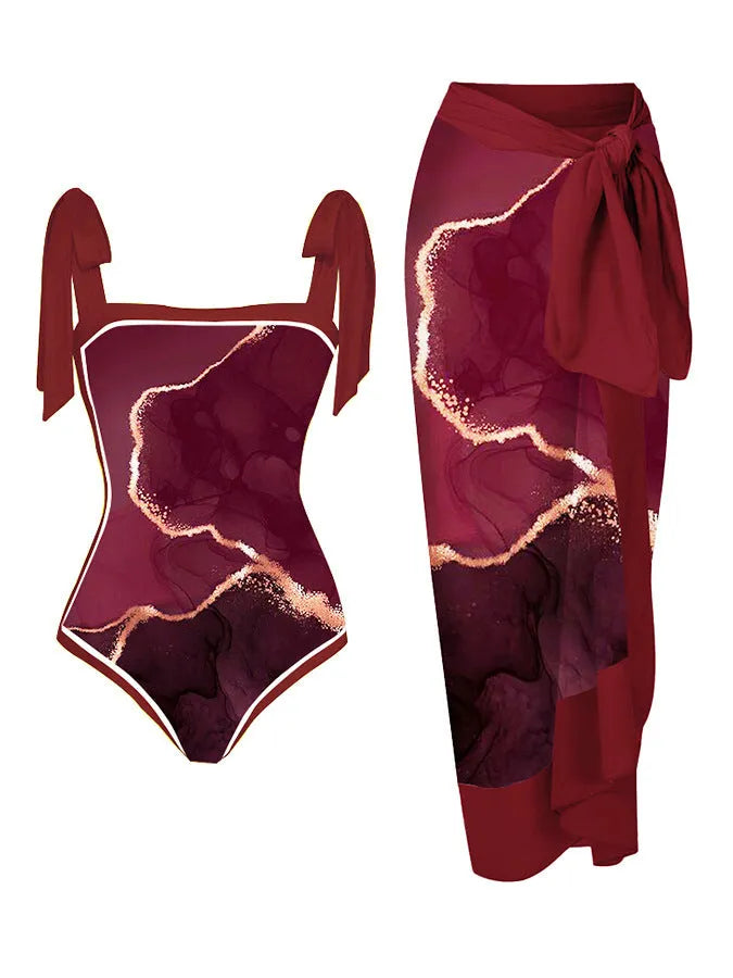 Women's floral print chiffon swimsuit with attached skirt in two-piece design