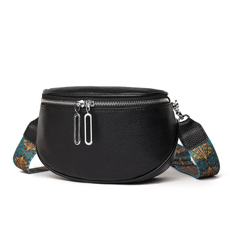 Women's black PU leather casual messenger bag with saddle shape and cross-body strap
