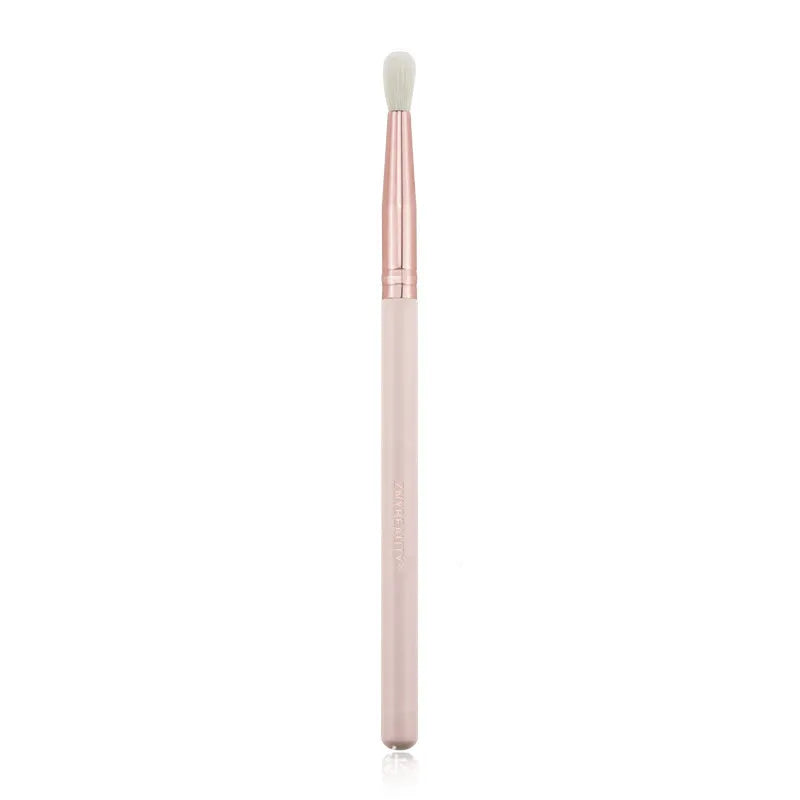 26 pink wooden handle makeup brushes arranged in a pink PU zip case.