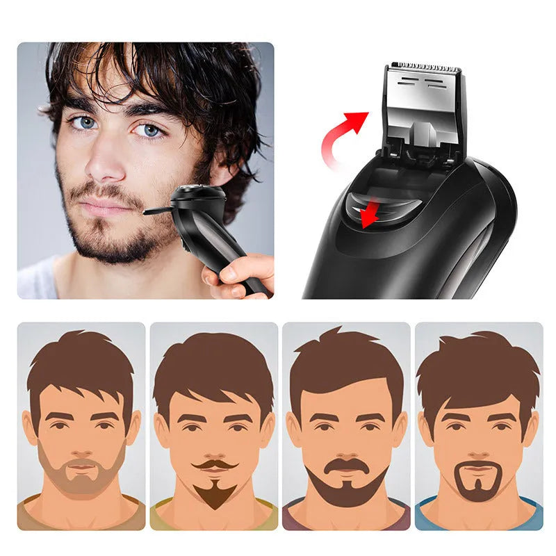 Men's electric shaver kit with three floating heads, sideburn trimmer, USB cable and cleaning accessories