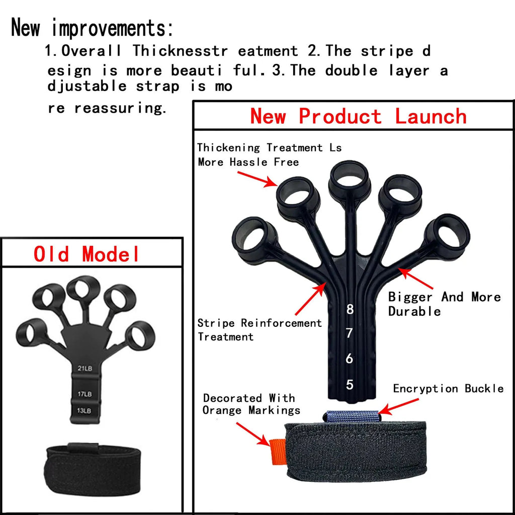 Black silicone finger flexion and extension trainer with adjusting belt for hand therapy