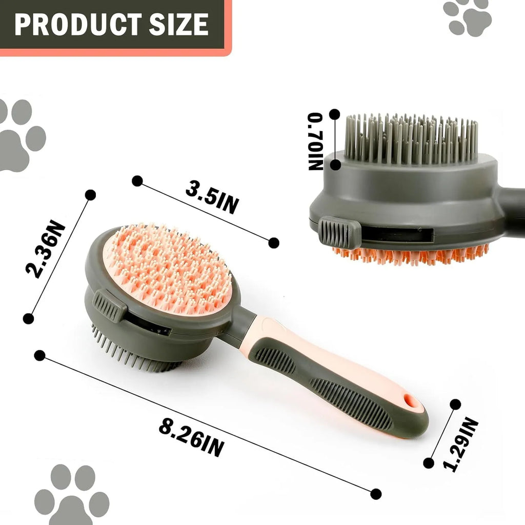 Double sided pink cat brush with release button and separate flea comb for grooming