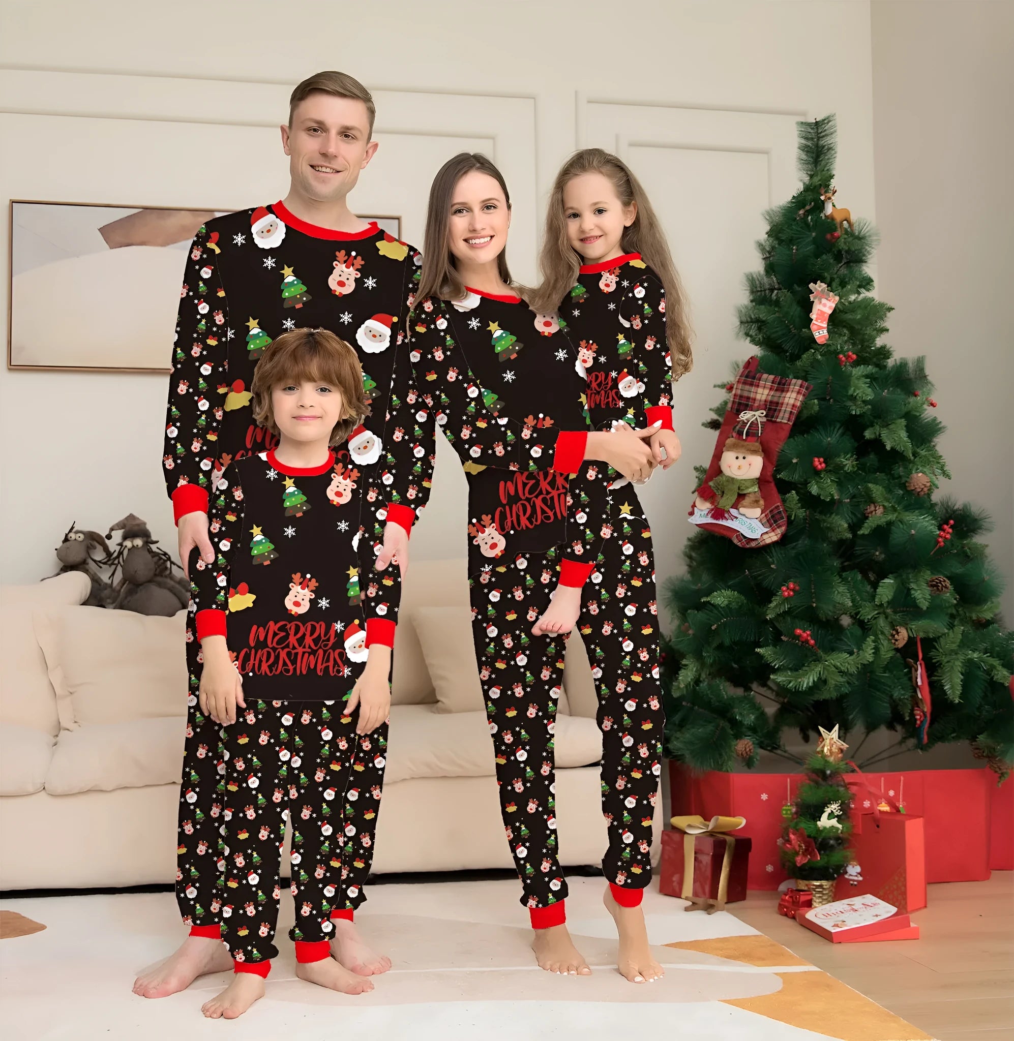 Matching red plaid Christmas pyjamas set for dad, mom, child, baby, and a dog laid out together