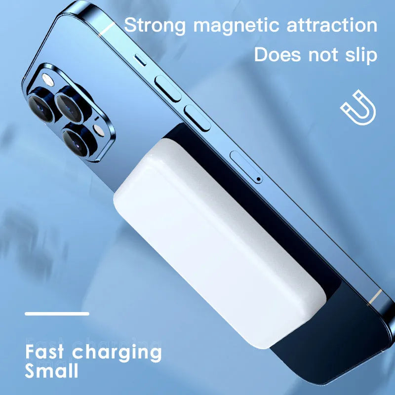 Mobile wireless magnetic power bank with plastic housing showing colour options pink purple white