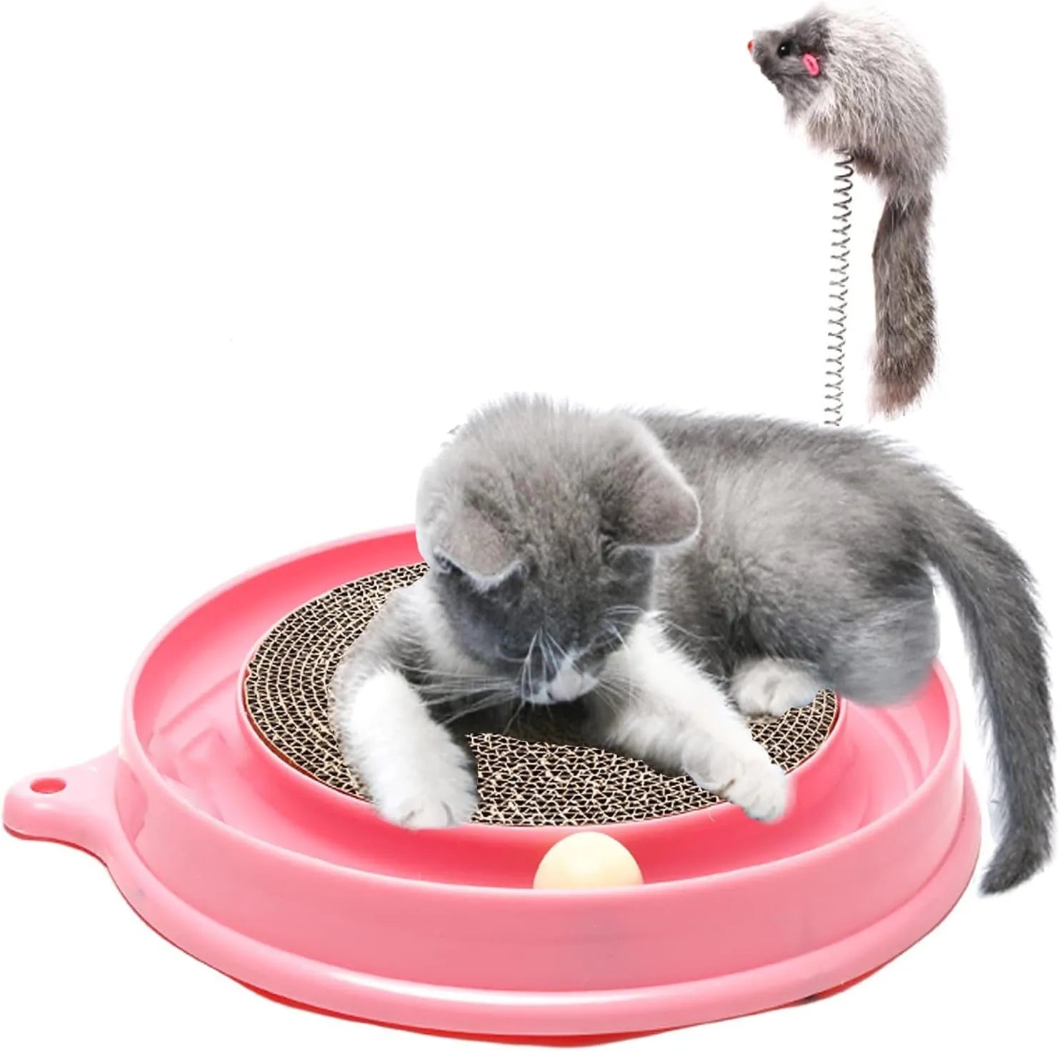 Blue cat scratcher toy with ball track, replaceable scratch pad, and mouse swatter accessory on white background