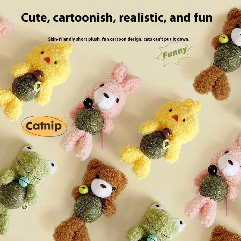 Plush catnip ball toy shaped as animal character with mint ball centre for cat biting relief