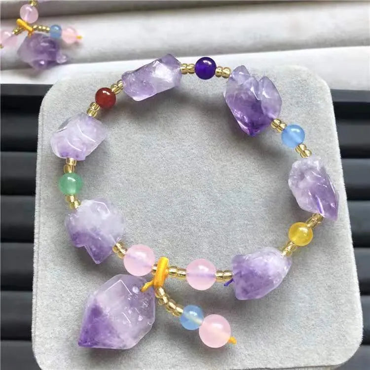 Women's natural amethyst bracelet with shaped stone beads and fu character decorative elements