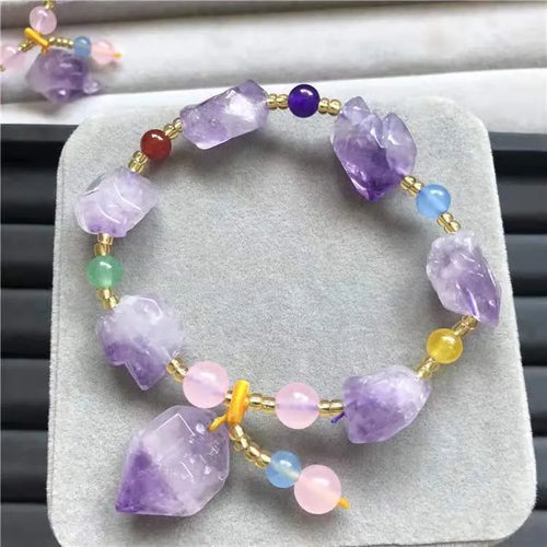 Women's natural amethyst bracelet with shaped stone beads and fu character decorative elements