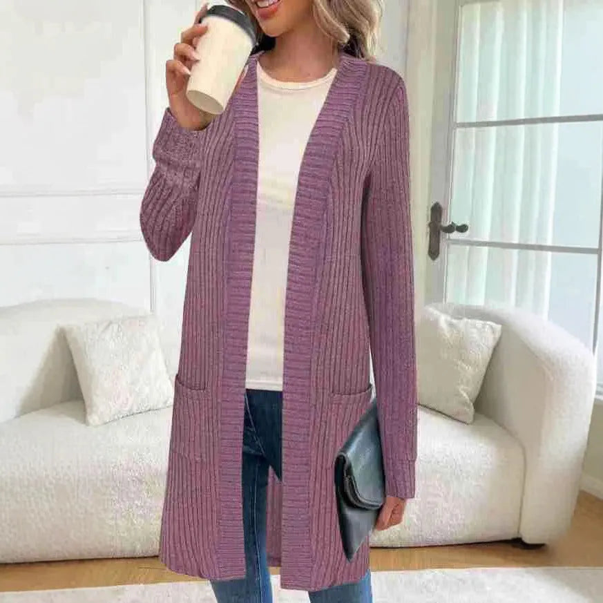 Long sleeve loose fit knitted cardigan jacket in black, wine red, or grey with pockets