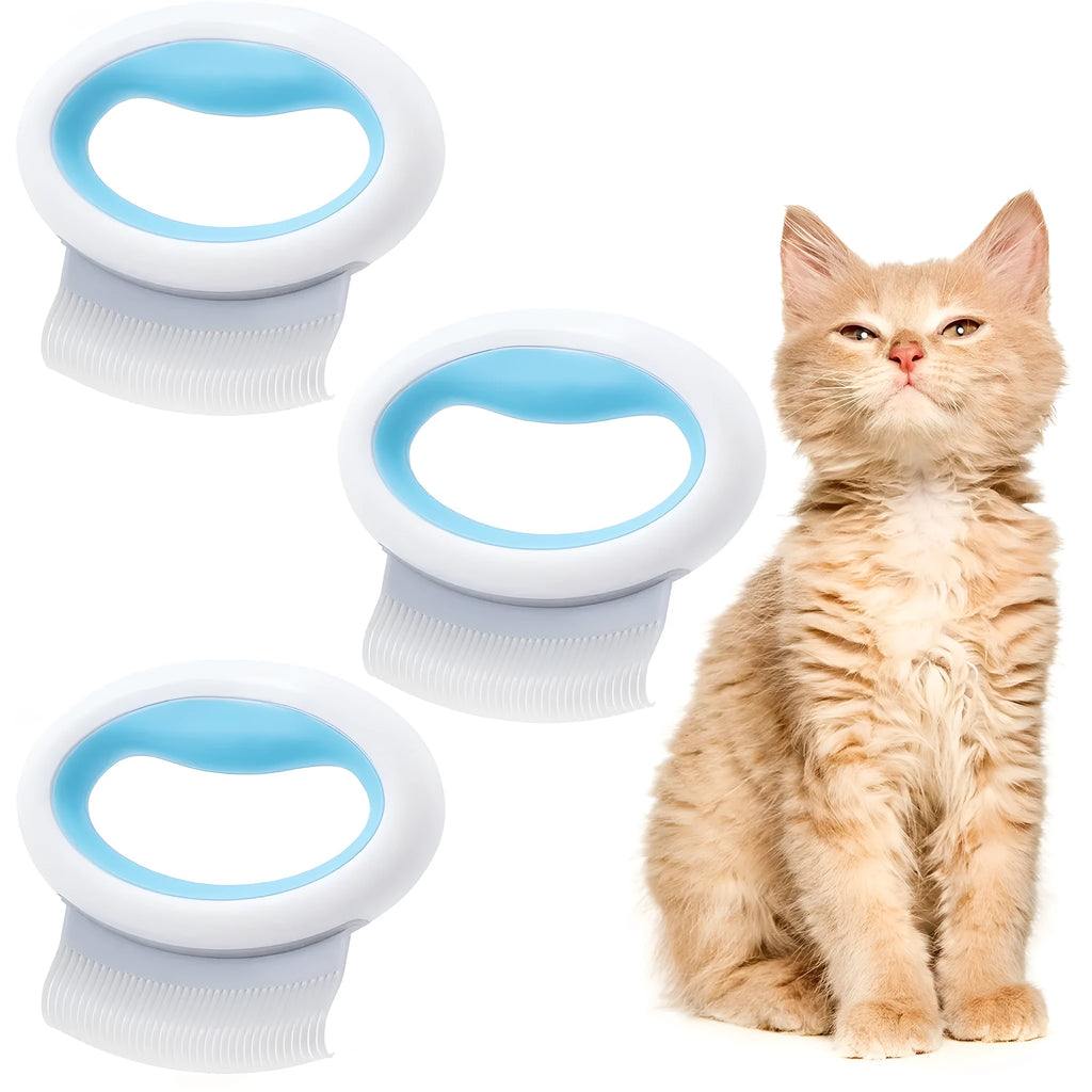 Blue pet grooming comb for deshedding cats and dogs on a white background.