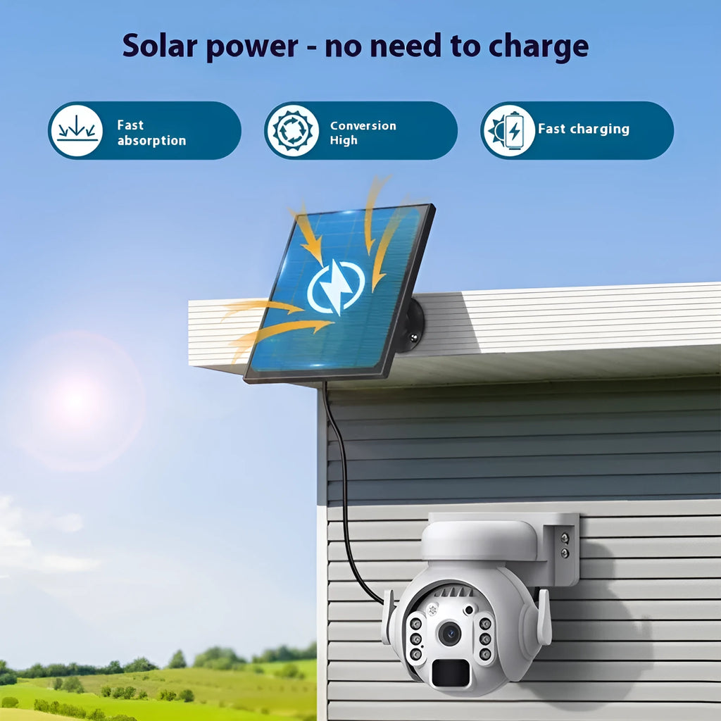Solar security camera with night vision in camouflage colour with mobile phone showing remote viewing app