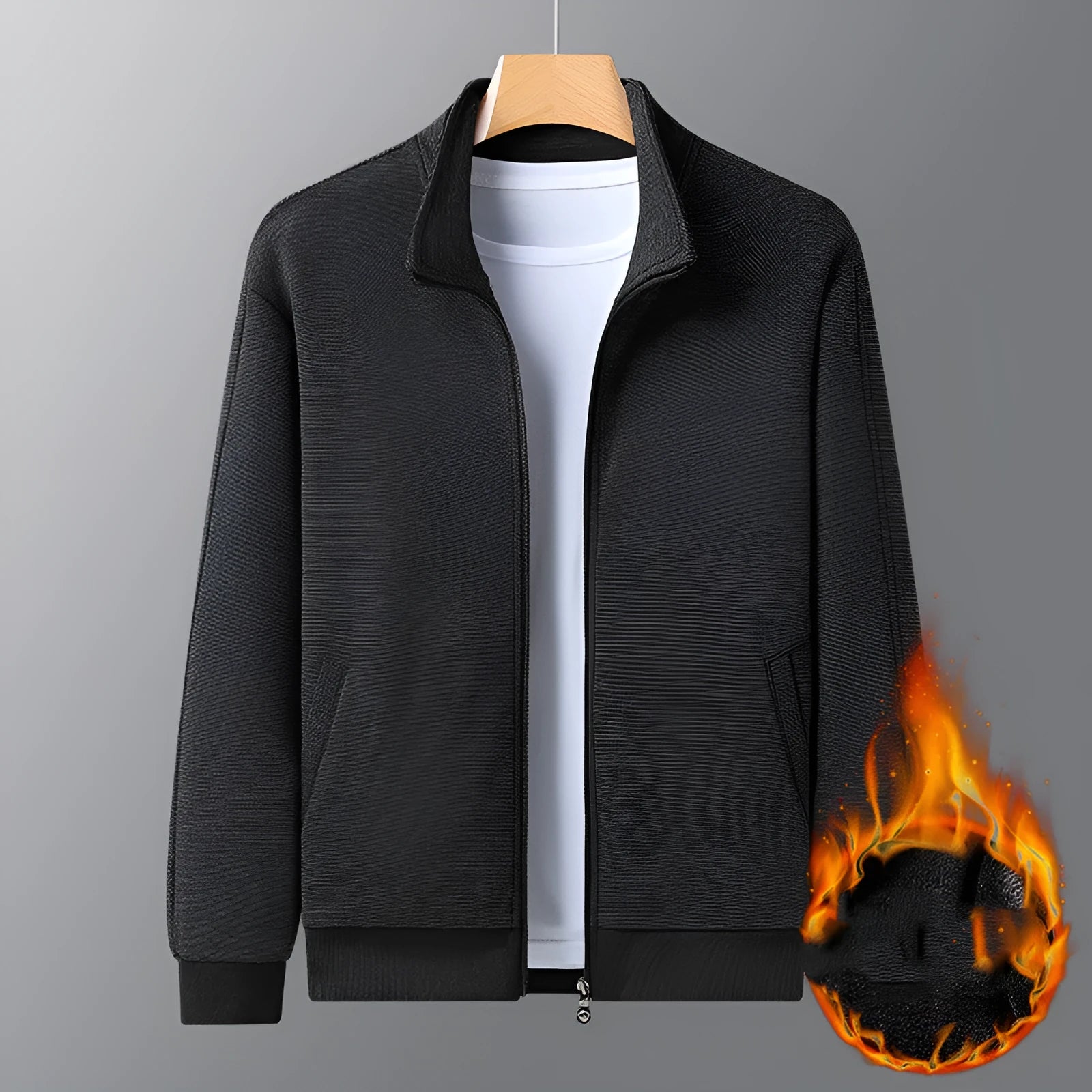 Men's black casual jacket with a stand-up collar and front zip in an athletic fit
