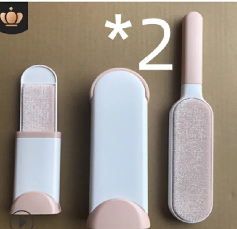 Blue reusable pet hair removal comb with double-sided flannel brush and self-cleaning base for sofas.