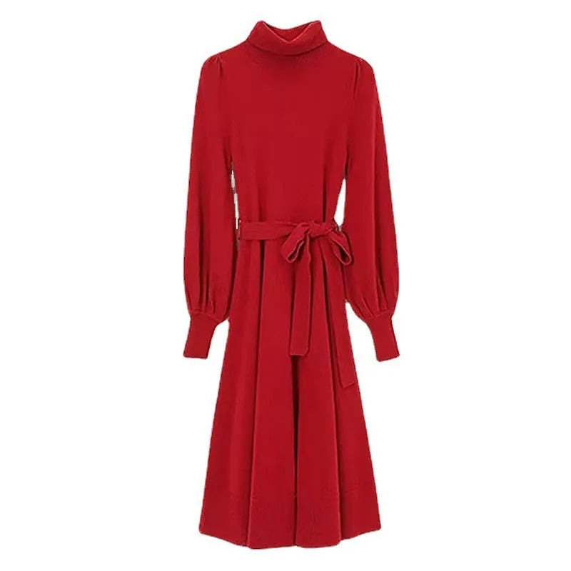 Women's turtleneck long sleeve knit dress in loose fit with big hem and elastic waist.