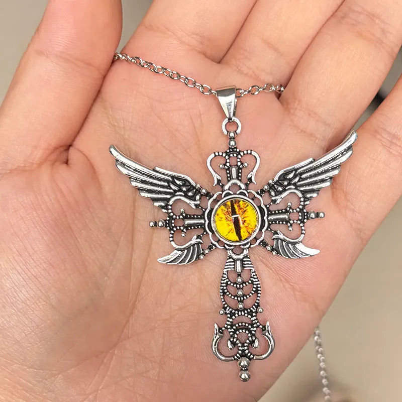 Geometric devil wings and cross alloy pendant necklace on a chain, shown in blue, green, purple, red, and yellow colour options.