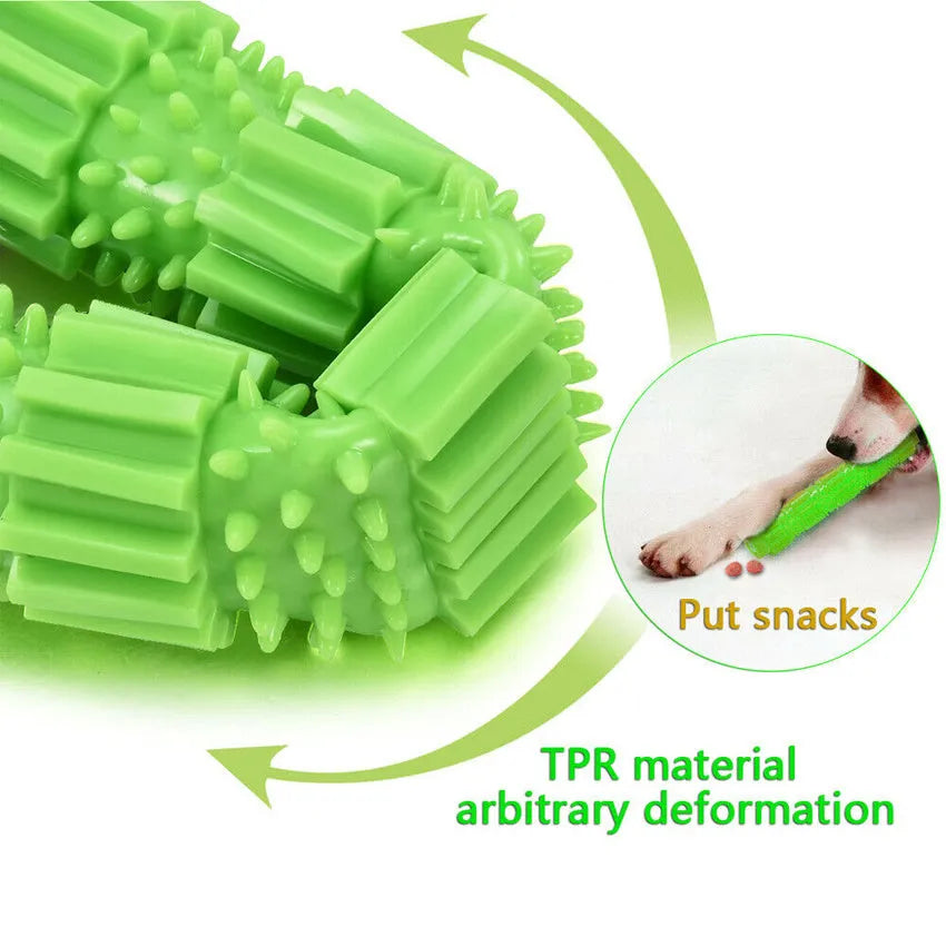 Green rubber dog chew toy with treat dispensing holes for aggressive chewers