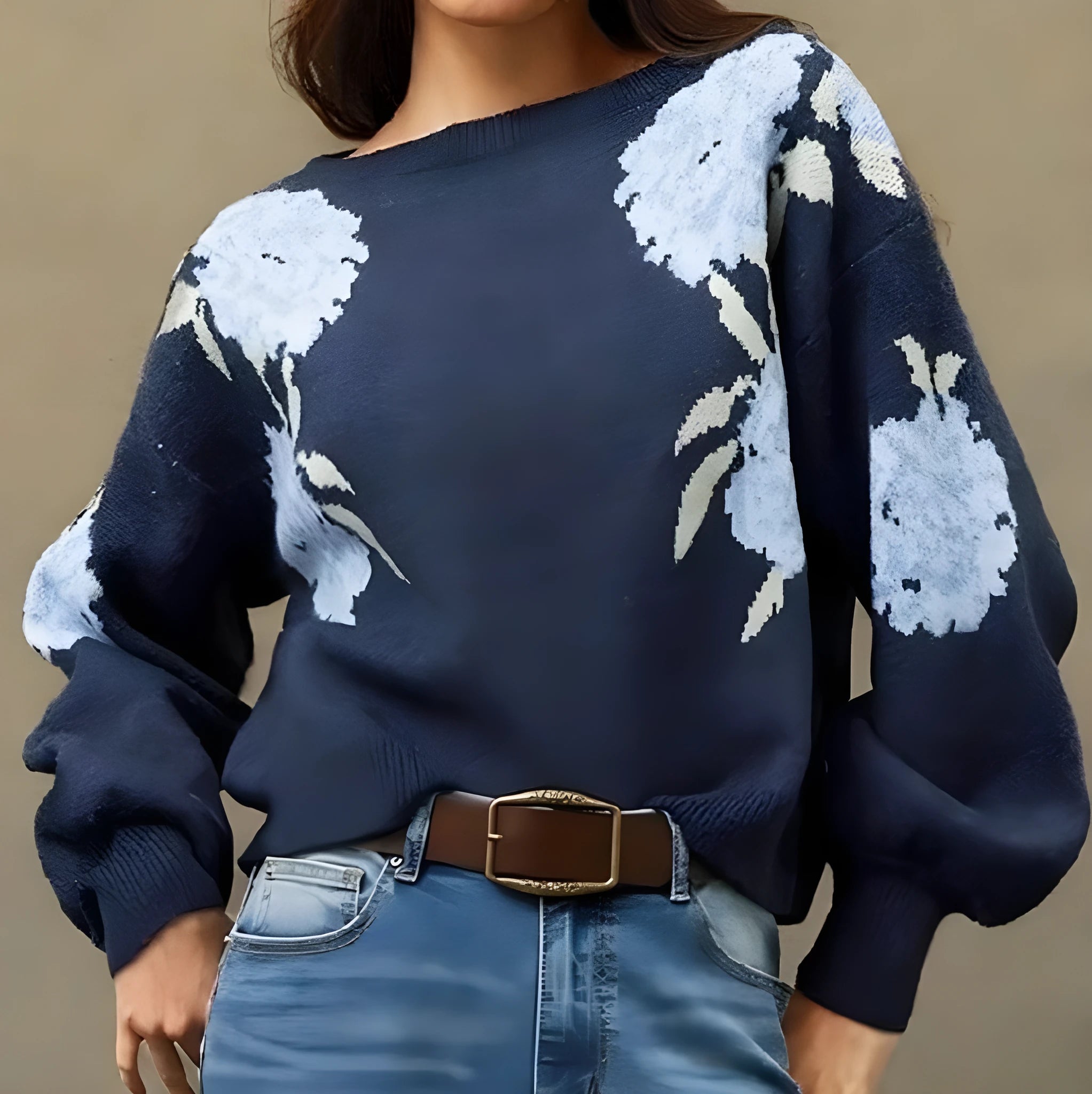 Women's sapphire blue pullover sweater with flower jacquard pattern, off-neck design, and loose fit