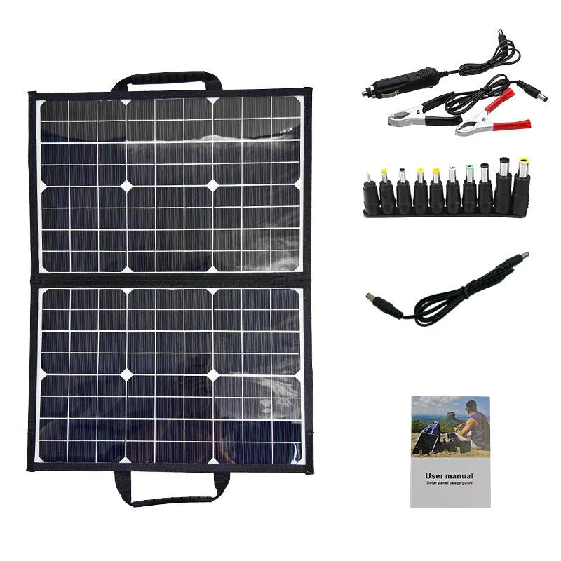 Black 40W monocrystalline solar folding bag panel shown folded to its compact size.