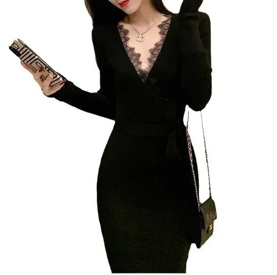 Black women's woolen princess dress skirt with slim fit silhouette and solid colour design