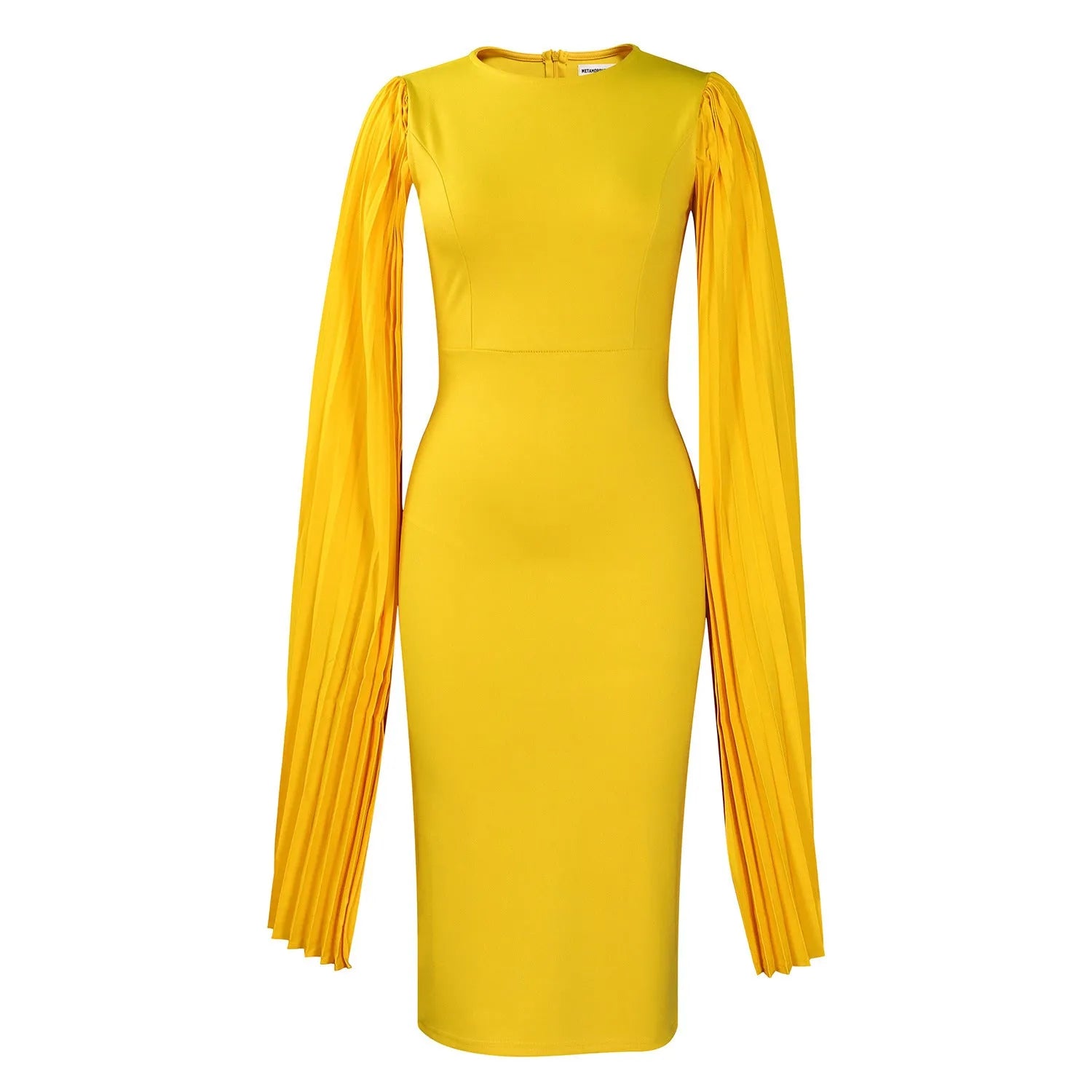 Women's yellow long sleeve evening gown with a pleated shawl collar and high waist design