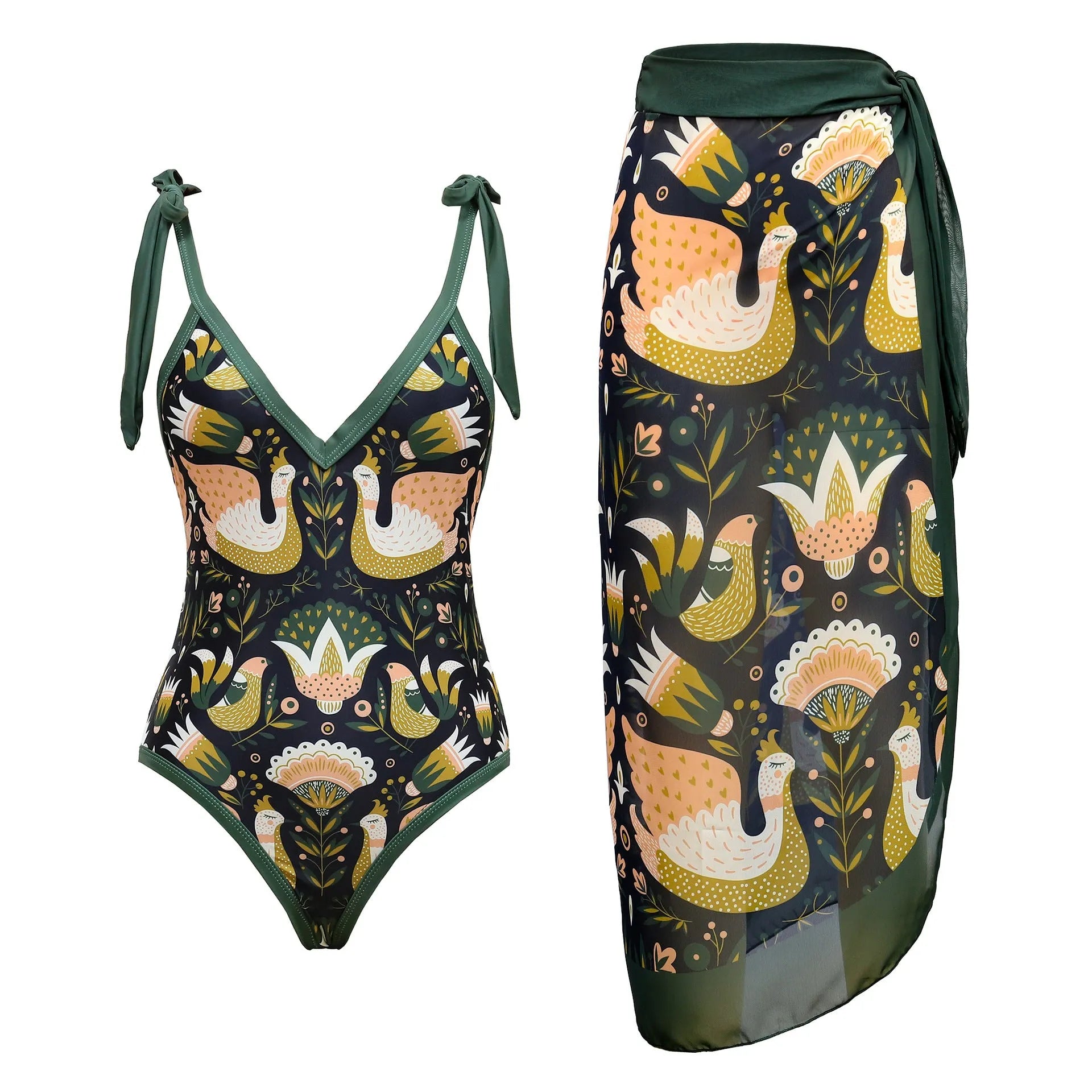 Women's solid colour one-piece swimsuit with spaghetti straps and removable skirt